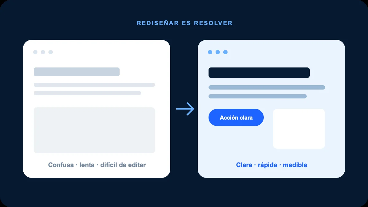 Comparación entre una página web antigua y una versión clara, rápida y optimizada.