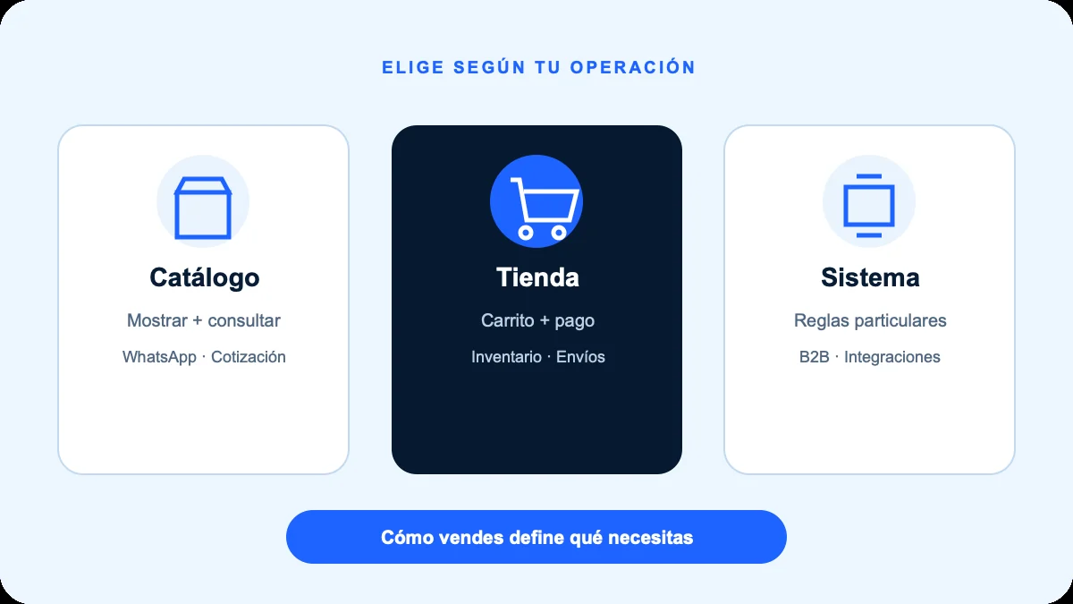 Diagrama de decisión entre catálogo web, tienda online y sistema personalizado.