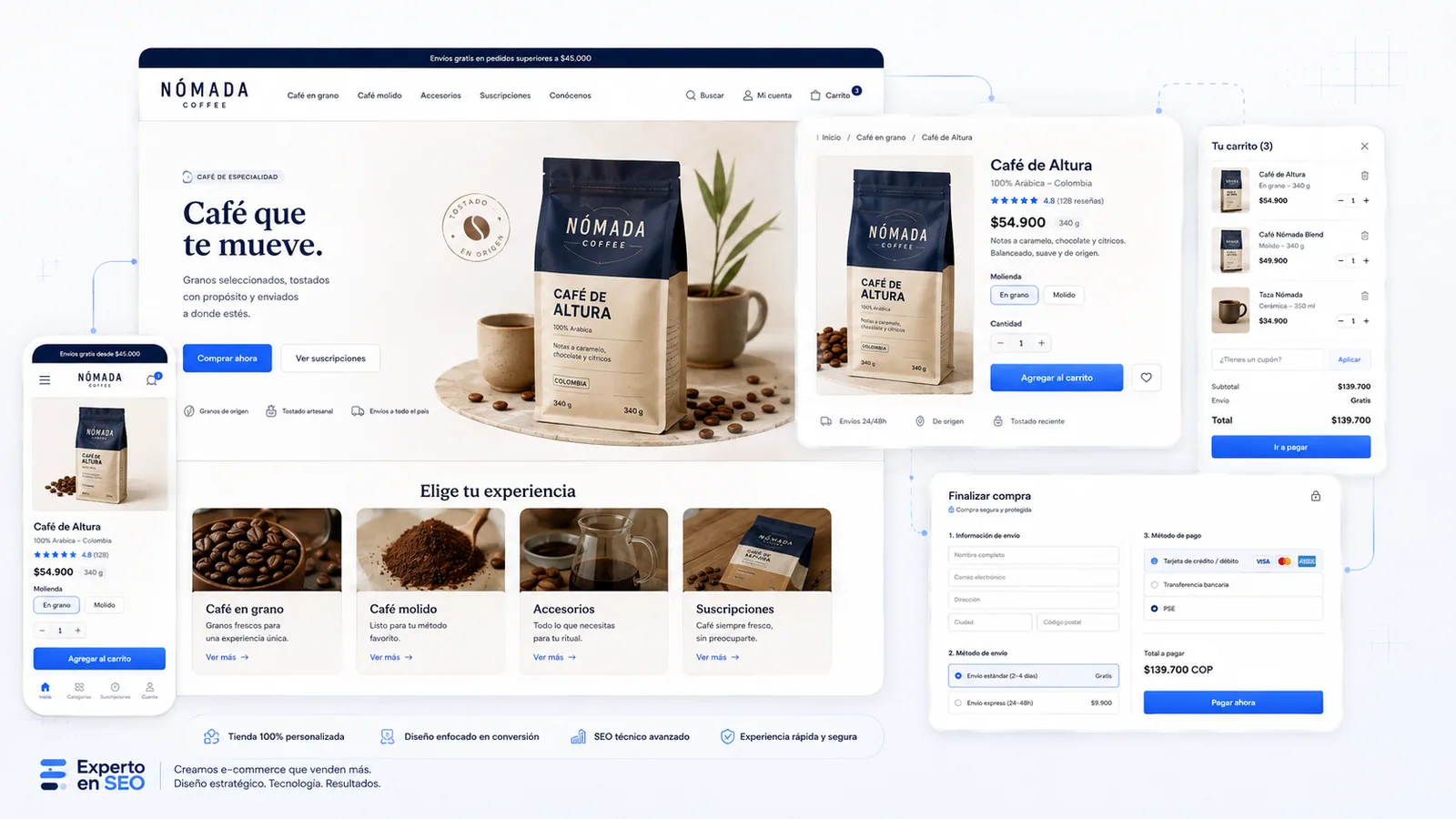 Caso conceptual de e-commerce NÓMADA Coffee con inicio, producto, carrito, checkout y experiencia móvil.