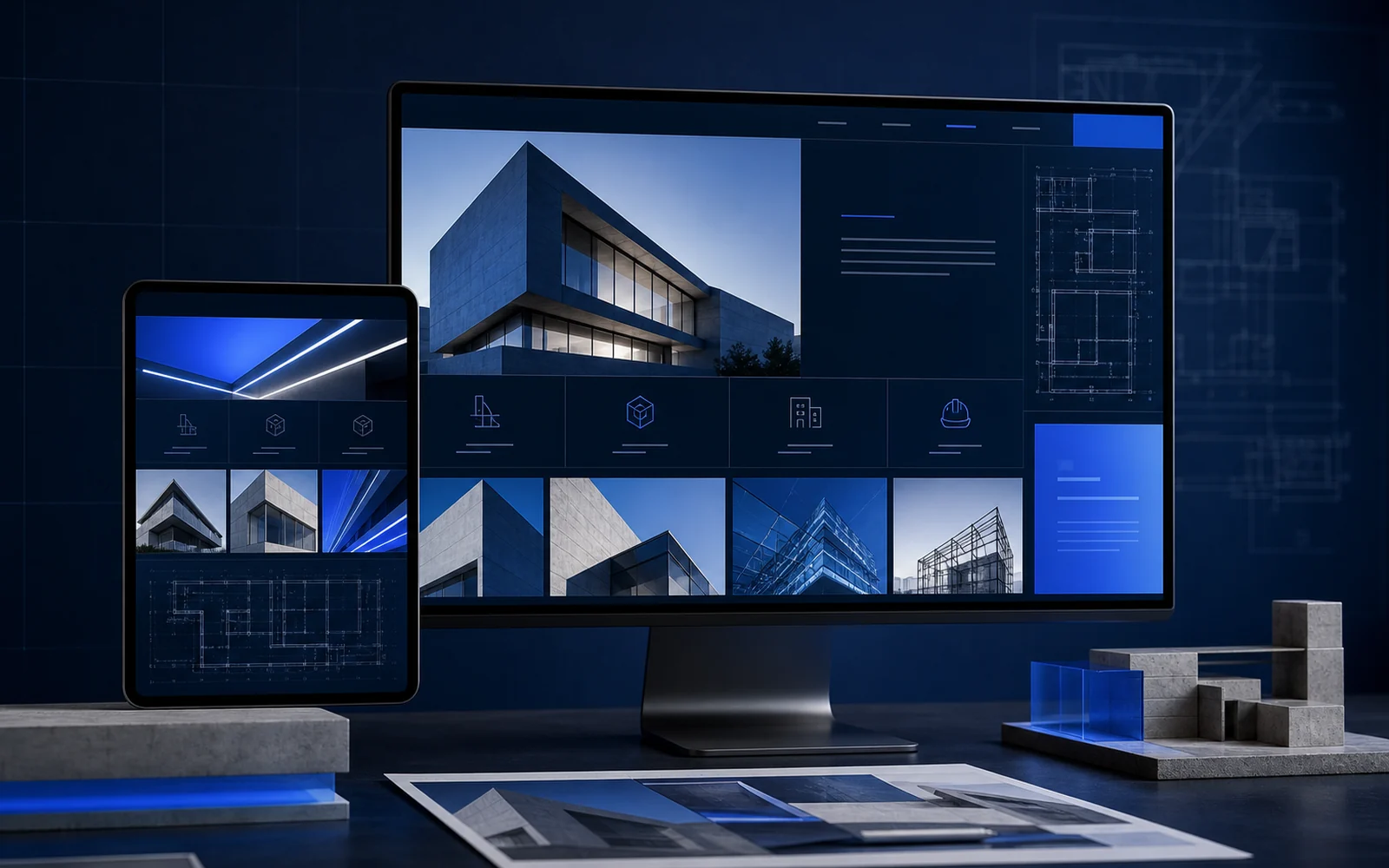 Concepto de sitio corporativo para una constructora con planos y portafolio de proyectos.