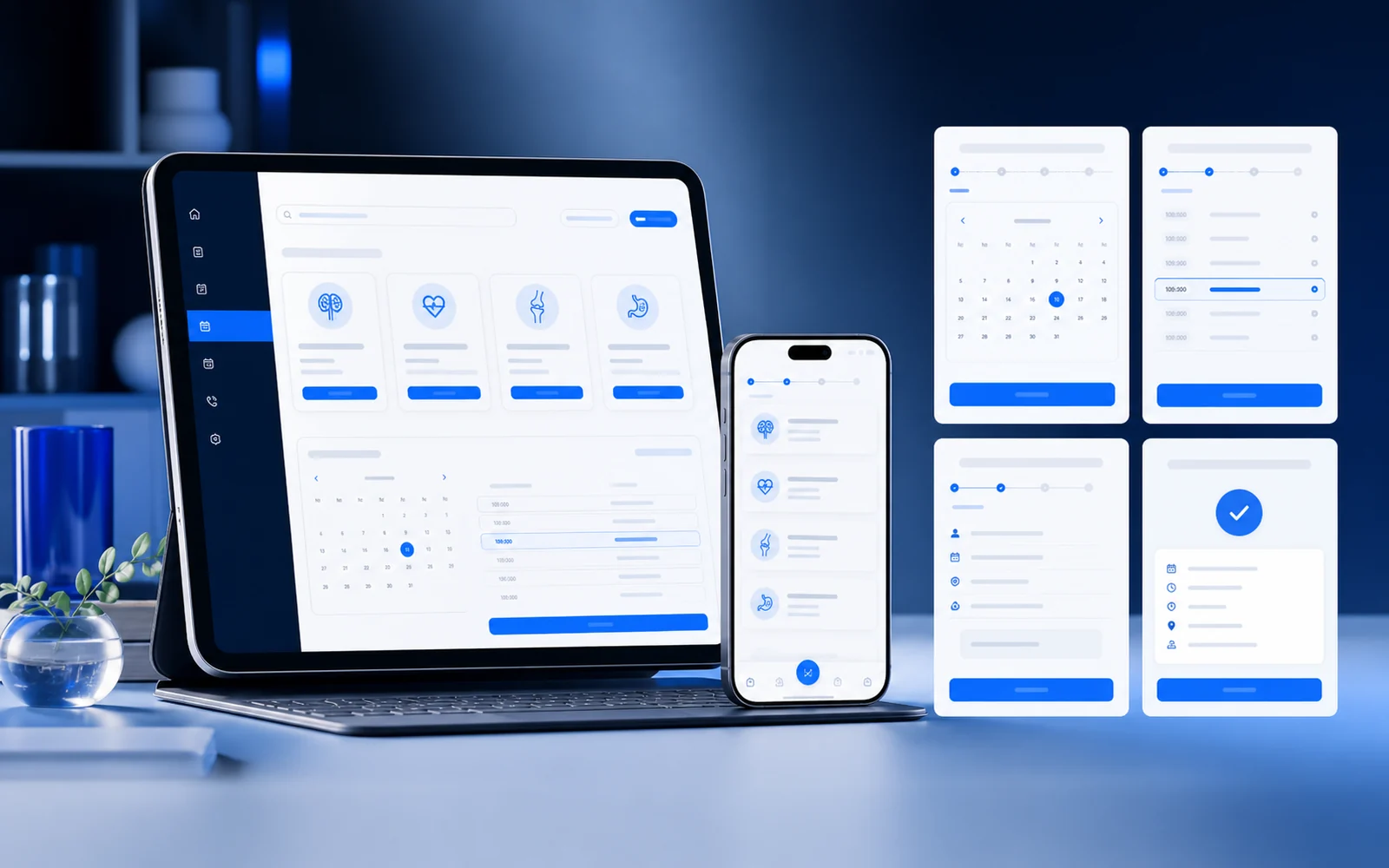 Concepto de experiencia clínica digital con especialistas y reserva de citas.