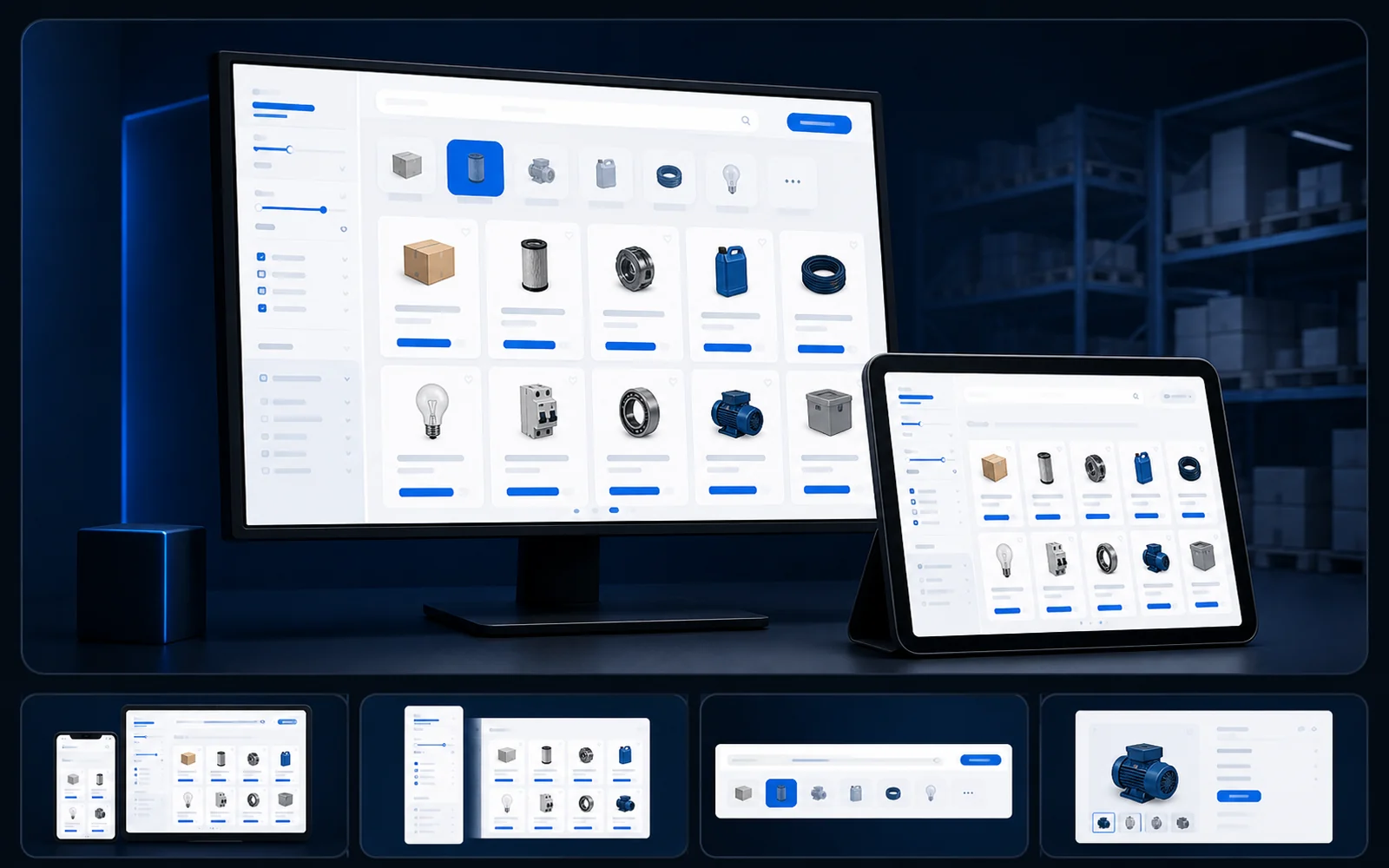 Concepto de catálogo B2B con categorías, filtros y productos industriales.