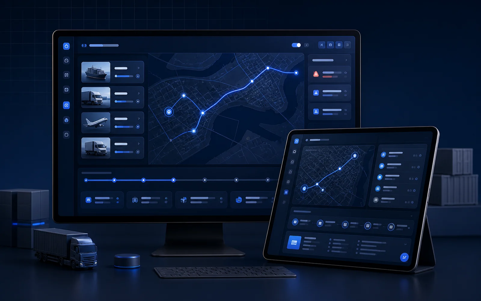 Concepto de panel logístico con rutas, estados de envíos y seguimiento operativo.