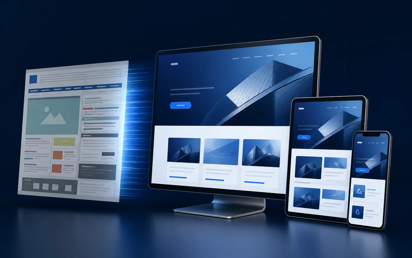 Comparación visual entre un sitio web desactualizado y una experiencia digital moderna y responsive.