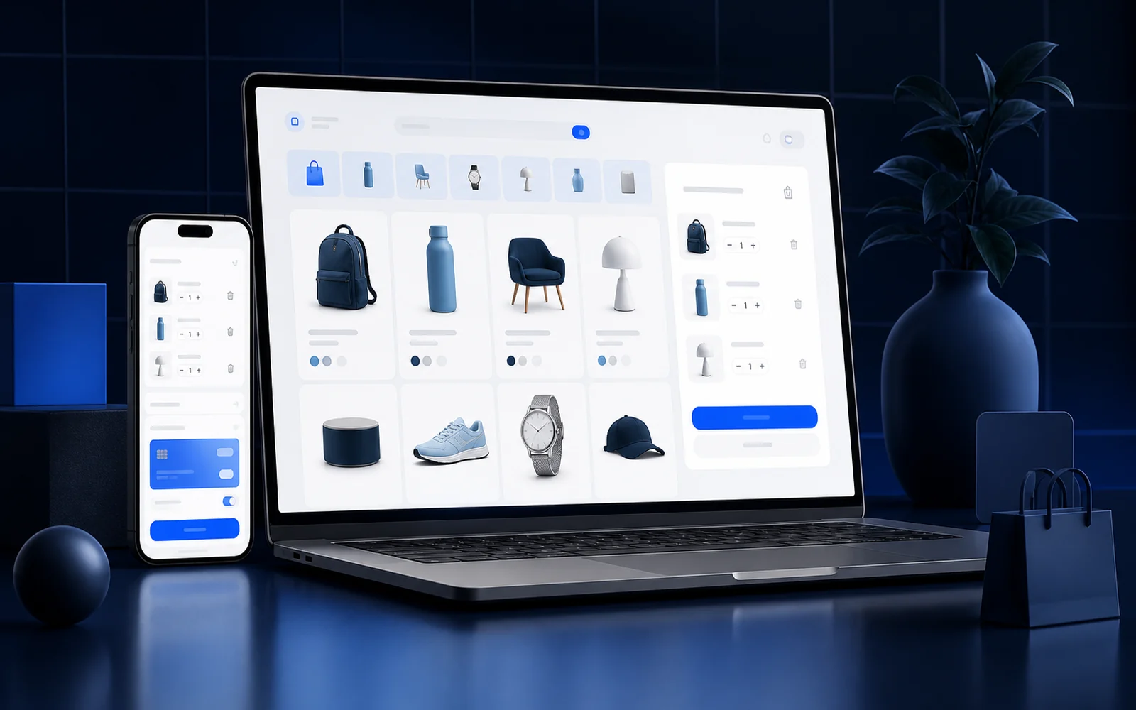 Mockup editorial de una tienda online con catálogo, carrito y experiencia de compra móvil.