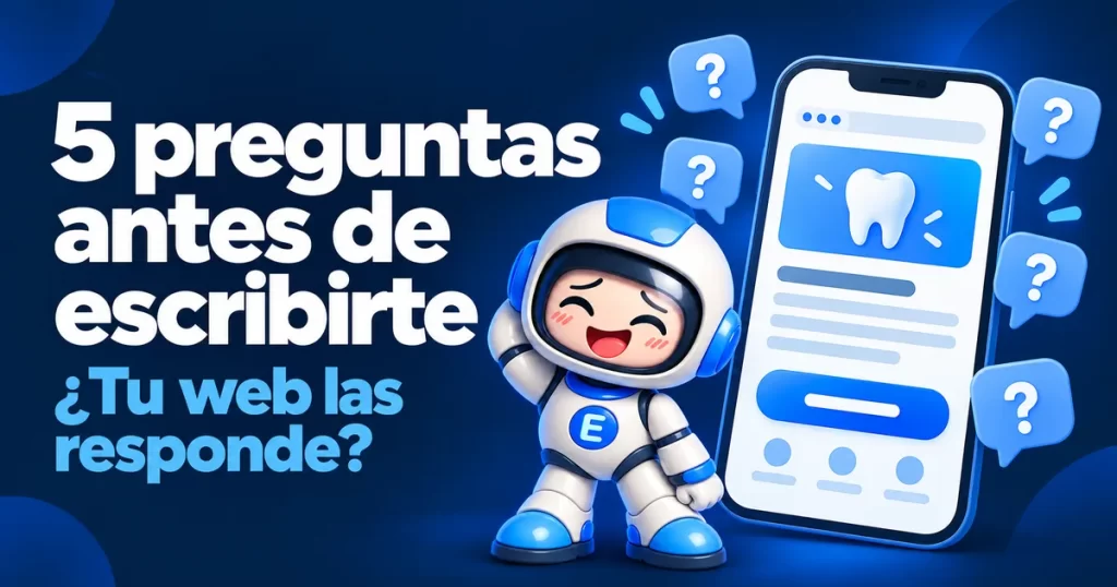 Teléfono con la página web de una clínica rodeado de las preguntas que se hace un paciente antes de escribir